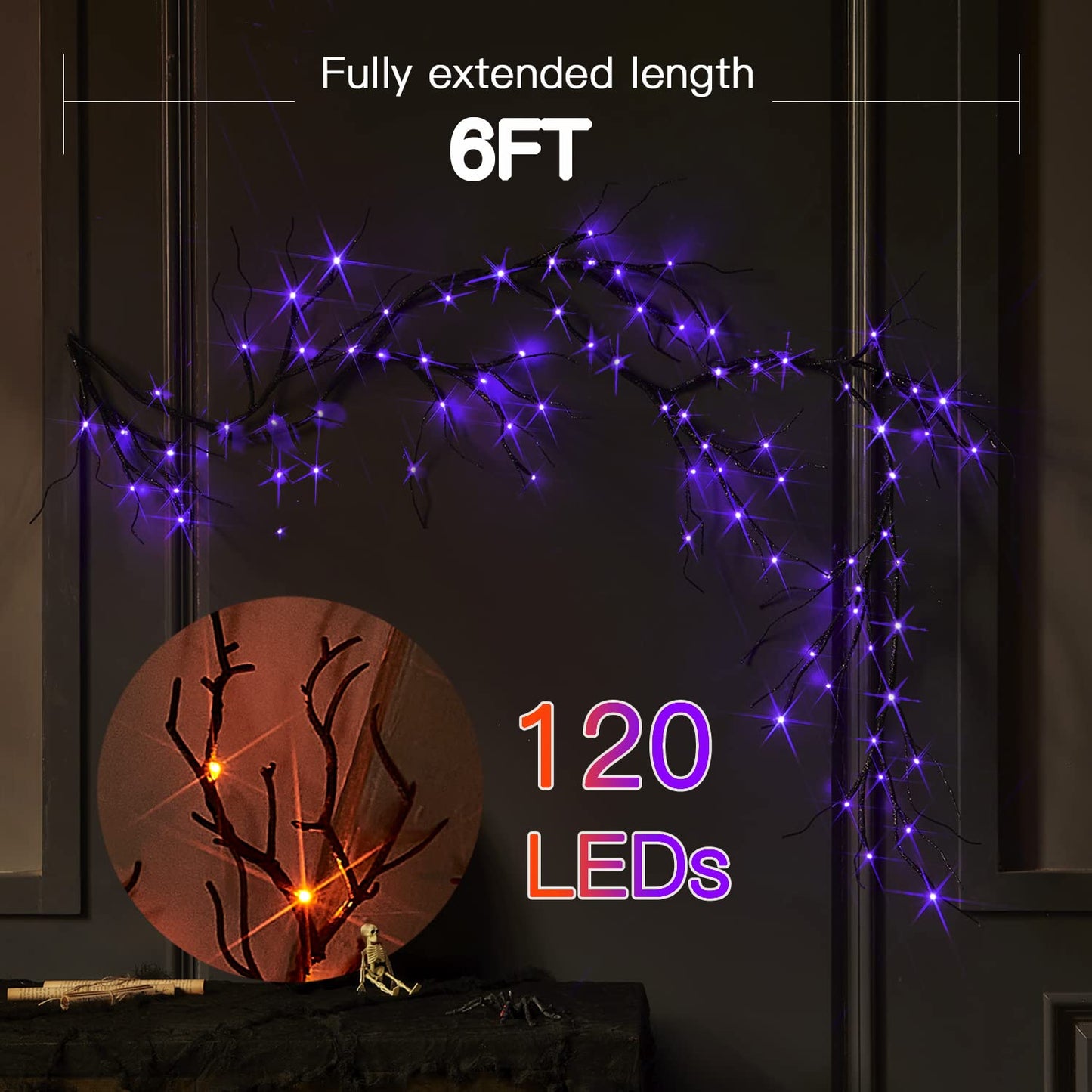 Fudios Lighted Halloween Garland with 120 Orange and Purple LED Fairy Lights for Mantle, Halloween Black Garland with Lights 8 Functios Battery Operated 6FT Indoor Outdoor Home Wall Decoration