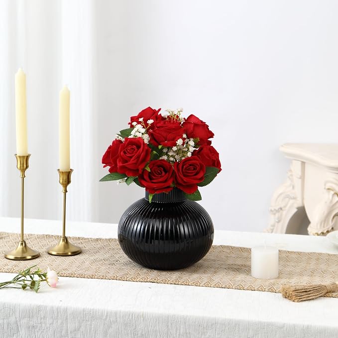 Black Glass Vase, Flower Vases for Bouquet, Ribbed Glass Vases for Flowers, Small Black Vase for Living Room, Office, Coffee Table, Shelf, Wedding, 6 Inches