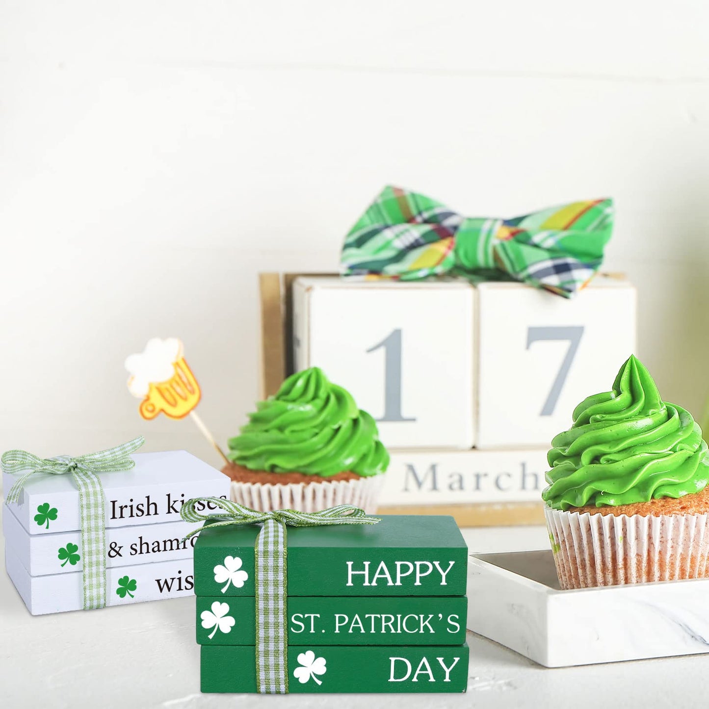 Whaline Mini Happy St. Patrick's Day Wooden Books Stack with Ribbon 2Pcs Shamrock Faux Books Bundle Green White Stacked Books Tabletop Centerpieces for Irish Farmhouse Tiered Tray Entryway Home Decor
