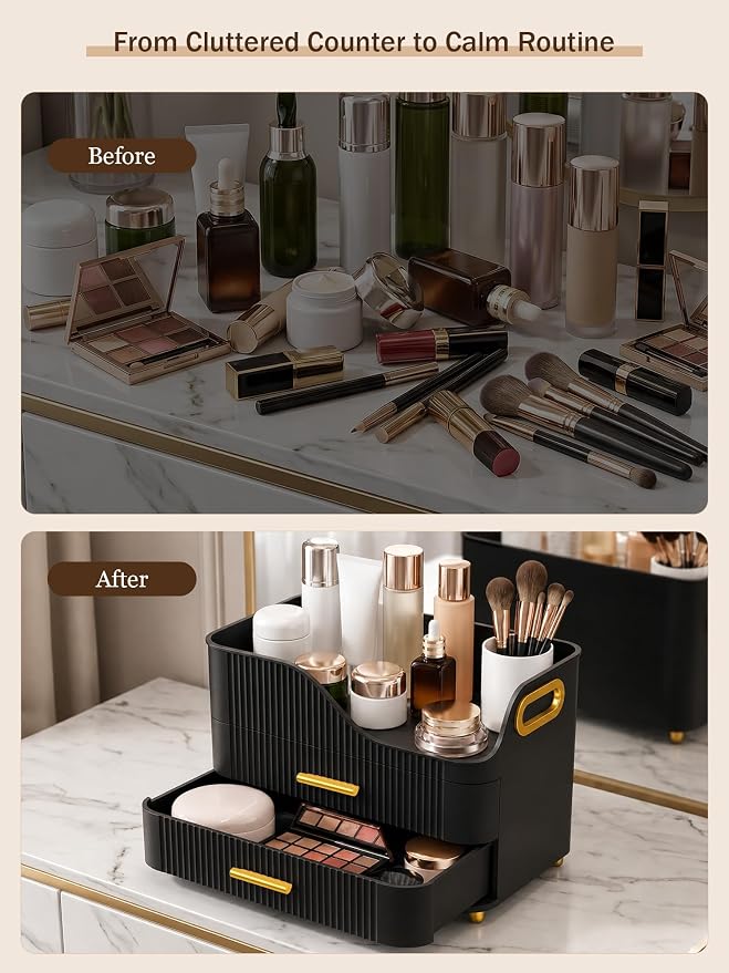 Booklov Countertop Makeup Organizer with Drawers, 3 Tier Large Cosmetic Storage Box for Vanity, Bathroom Counter, Dresser, Skincare Display Case for Lipsticks, Beauty Palettes, Teen Girl Gifts, Black