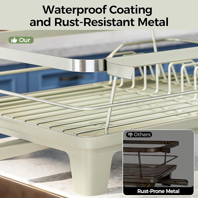 Urackify Dish Drying Rack for Kitchen Counter, Sink Dish Rack with Drainboard, Large Dish Drainer with Cups Holder, Home Countertop Plate Dryer Storage Rack with Cutlery Holder, Soft Celery Green