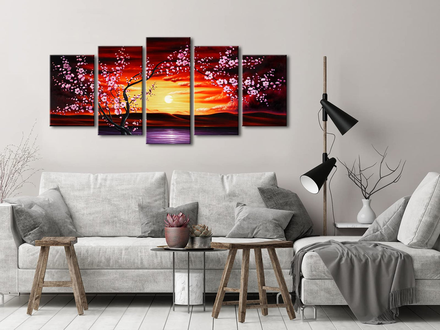 Wieco Art 5 Piece Plum Tree Blossom Canvas Prints Wall Art Abstract Floral Pictures Paintings Decor for Home Decorations Modern Stretched and Framed Contemporary Giclee Red Flowers Artwork