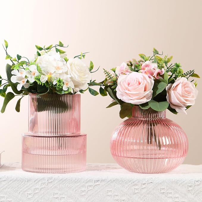 Ribbed Glass Vases, Set of 2 Fluted Vases for Flowers, Pink Glass Vase for Tulips, Modern Vase for Living Room, Kitchen, Office, Entryway, Mantle, Bookshelf, Wedding Gifts, Birthday