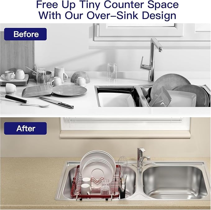MAJALiS Red Dish Drying Rack Over The Sink with Utensil Holder, Mat | Expandable Stainless Steel Dish Drainer for Small Kitchen, Apartment, RV, Counter Space Saving, Perfect Fit, Rustproof