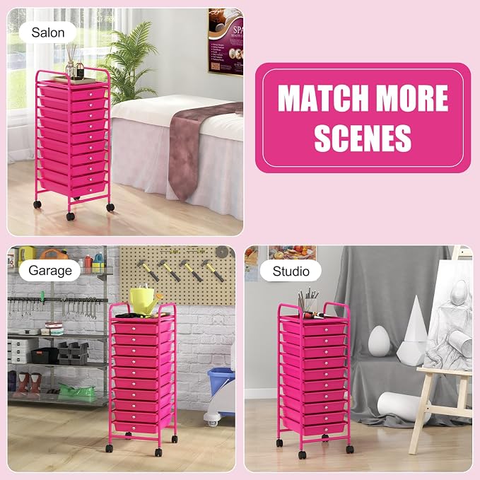 MEDIMALL 10 Drawers Rolling Storage Cart, Multipurpose Craft Storage Cart with Wheels, Mobile Tools Scrapbook Paper Organizer Cart for Office School Home Use