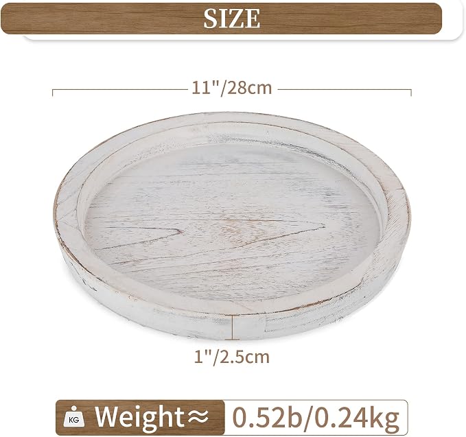 Hanobe Rustic Wooden Serving Tray: Round Wood Decorative Tray Rustic White Set of 2 Centerpiece Candle Holder Trays Farmhouse Ottoman Tray for Kitchen Counter Home Decor for Coffee Table