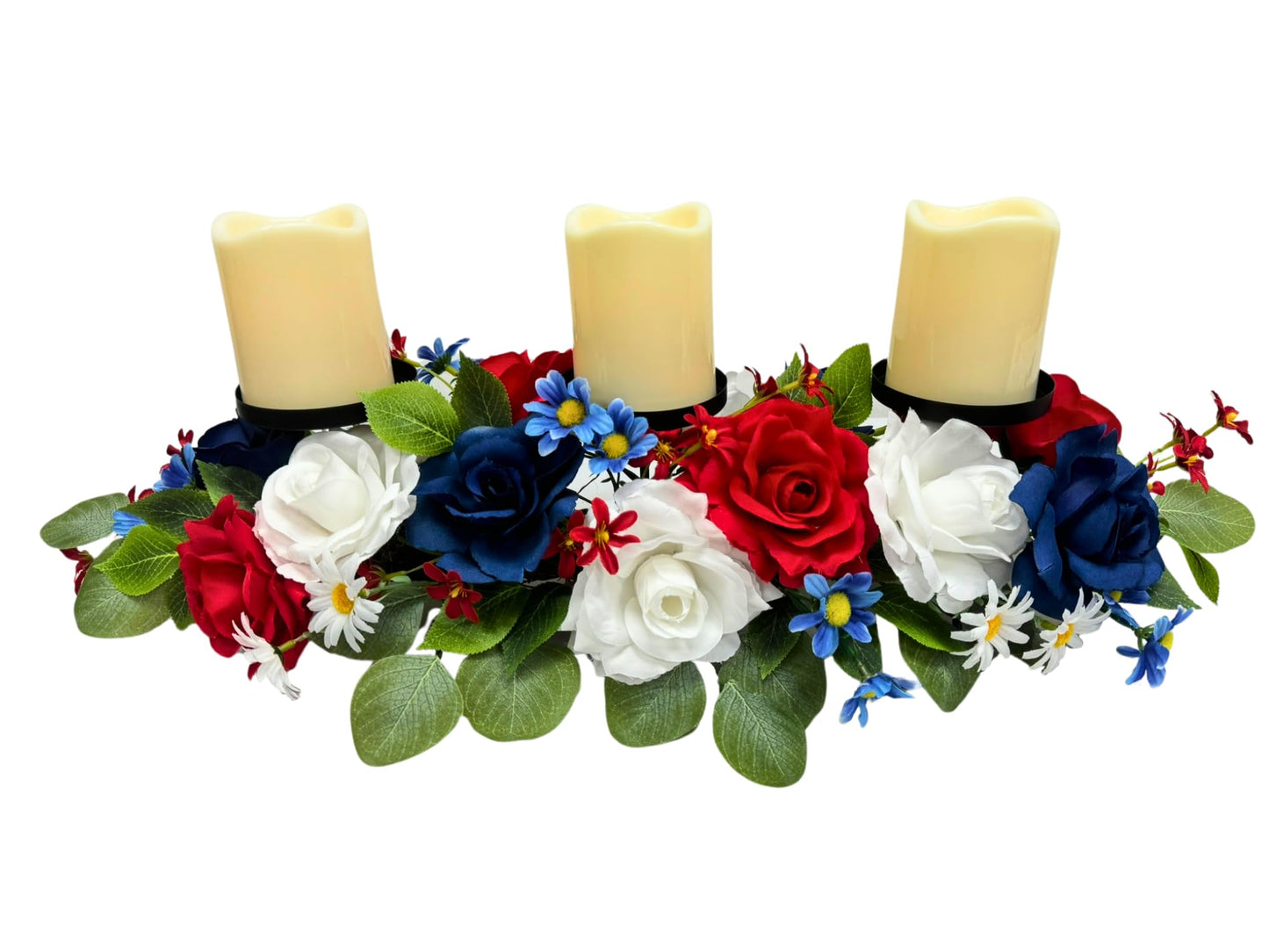 Svndlyn 4th of July Decorations,Patriotic Floral Arrangement Centerpiece for Table,Centerpiece with 3 Candle Holder,Red White and Blue Fake Rose Flowers for Independence Day Home Decor,Memorial Day