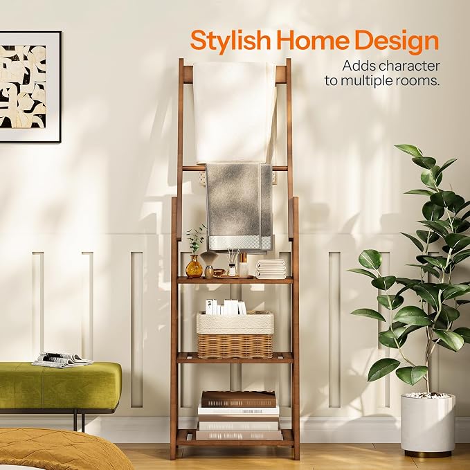 HOOBRO 3 Tier Ladder Shelf, Blanket Ladder, Bookcase Storage Rack Organizer, Bamboo Storage Shelf, Freestanding Shelving Unit, Farmhouse Ladder Rack for Living Room and Bedroom, Mocha MA123CJ01