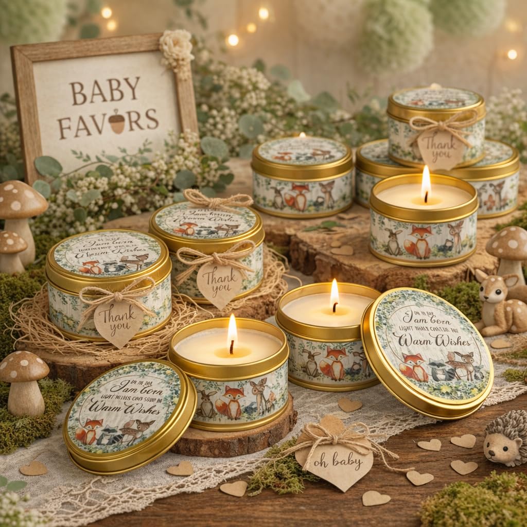 Majestic Zen Woodland Scented Candle 9-Pack Soy Wax Baby Shower Candle Favors - Natural Scented Candle Gift Set & Gender Reveal Candle & Party Keepsakes - Woodland Theme Round Candles for Table Decor
