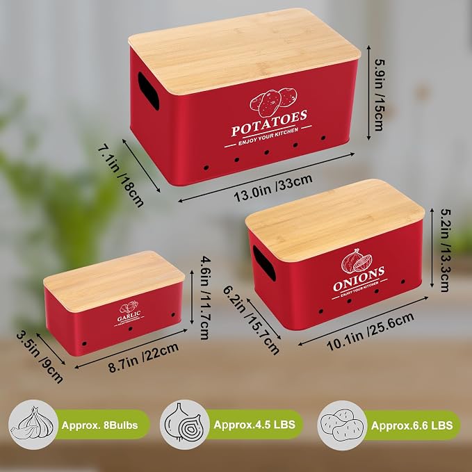 Kitchen Vegetable Storage Set of 3, Metal Onion Garlic Potato Storage Set, Kitchen Canisters Vegetable Keeper Containers with Aerating Holes and Bamboo Lid，Red