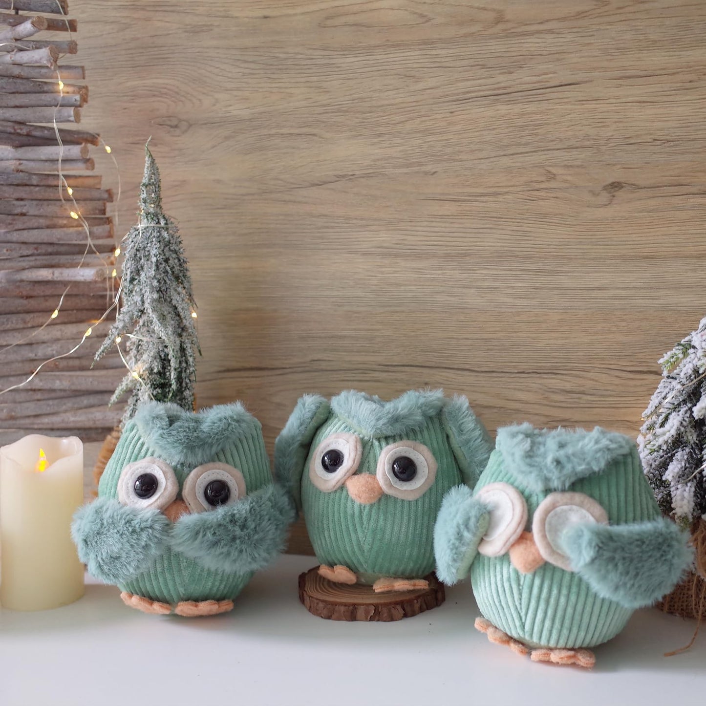 Etistta 3PCS Owl Plush for Home Decor 5 inch, See No Evil Hear No Evil Speak No Evil Owl Gifts for Women Bedroom Bird Christmas Decoration (Green)