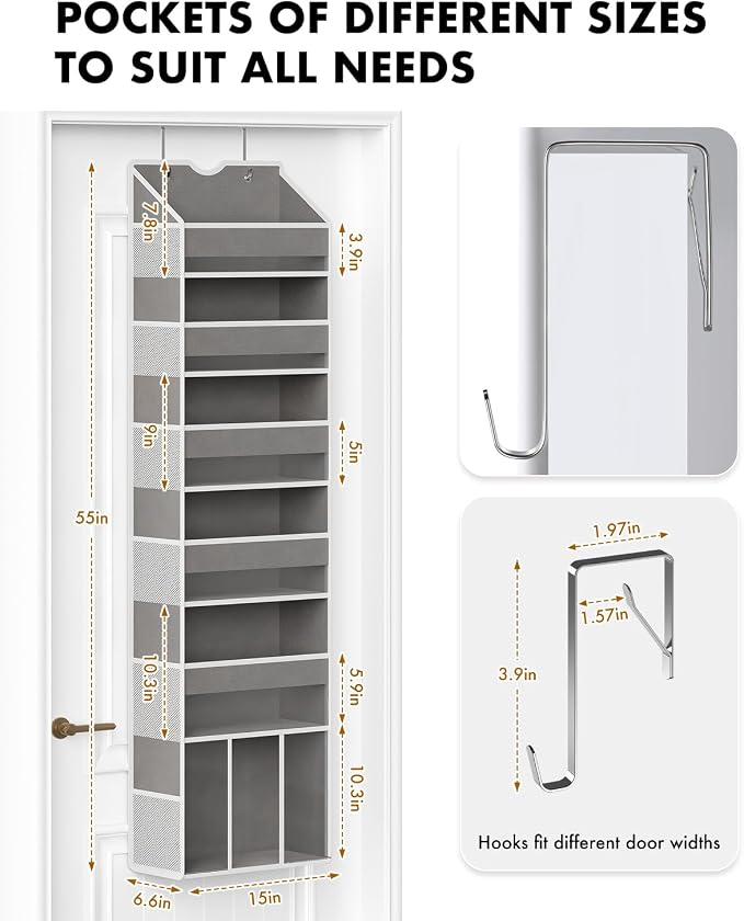 Over The Door Organizer, Hanging 6-Shelf Storage Organizer with 50lb Heavy Duty Perfect for Bathroom Closet Nursery Bedroom (Grey,1 Pack)