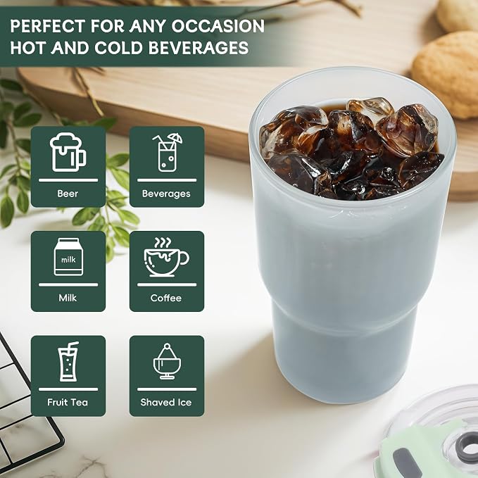 Iced Coffee Cups with Lids: Coffee Bar Accessories - Ribbed Glass Tumbler with Silicone Straw and Lid - 20oz Leak Proof Reusable Glass Cups and Tumblers with Lid and Silicone Straws(1Pcs-Blue)