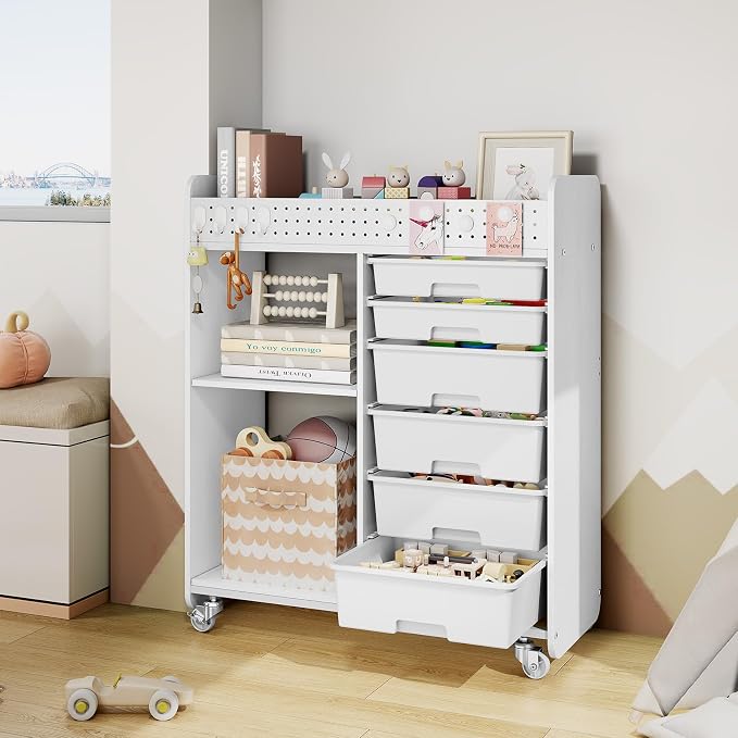 Rolling Storage Cart with Top Pegboard and 6 Drawers, Mobile Utility Cart on Wheels with Locking Brakes, Craft Organizer Lateral File Cabinet for Home, Office and Craft Room – Wood Frame(White)