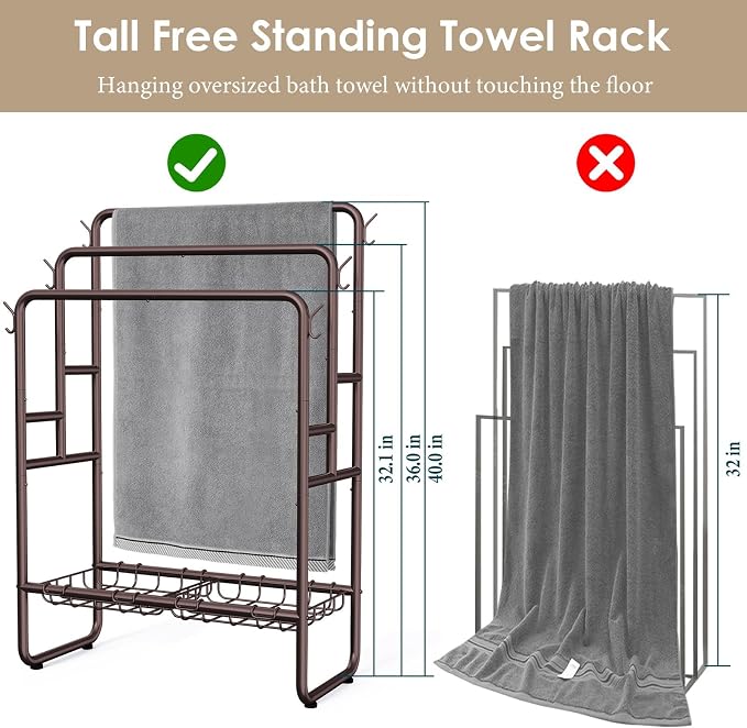 Kayfia 40" Tall Free Standing Towel Racks for Bathroom, 3 Tier Blanket Rack with 2 Storage Baskets & 6 Hooks, Towel Rack Stand for Large Bath Towels, Metal Blanket Ladder Holder for Bedroom (Bronze)