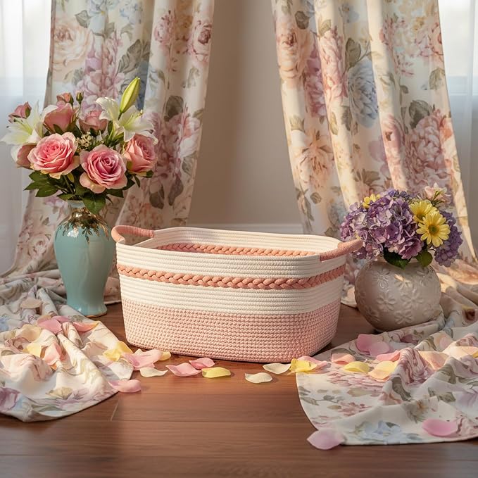 Decorative laundry basket with handles woven from natural cotton rope storage blankets for living room cute boho quilted gift baskets for clothes pillows toys 20"x14"x10",white/pink