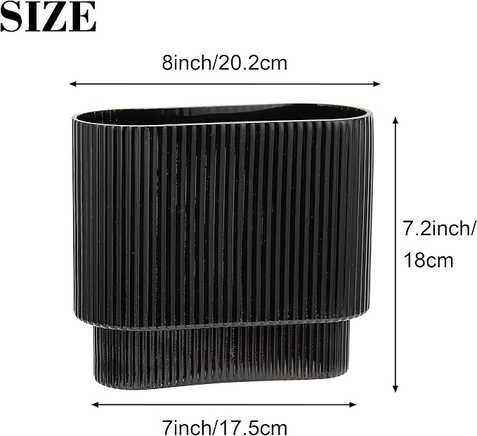 Ribbed Vase, Black Glass Vase for Flowers, Black Flower Vases for Tulips, Modern Vases for Living Room, Dining Table, Office, Bedroom, Mantle, Shelf, Wedding, 7 Inch