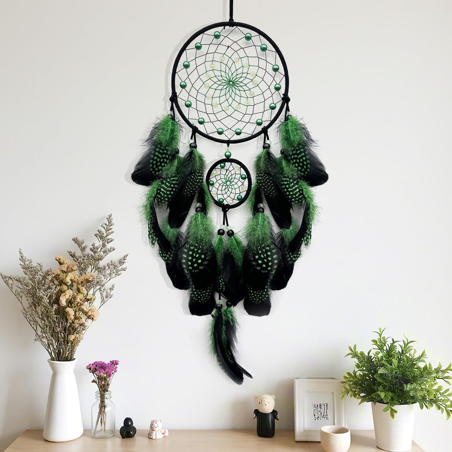 SOYUZU Green and Black Dream Catcher Wall Decor Feather Dream Catchers with Luminous Bead Handmade Dreamcatcher Wall Hanging Ornament for Bedroom Living Room Home Decor
