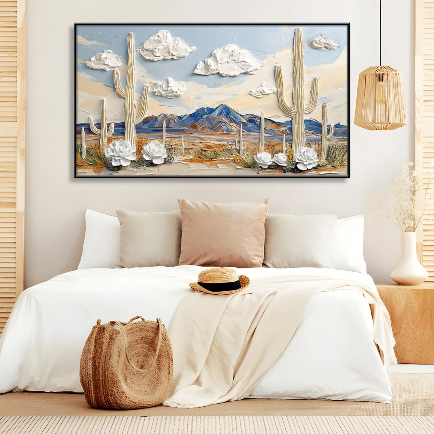 Desert Canvas Wall Art, Cactus Canvas Wall Art, White Desert Landscape Picture Print, Western Print Decor, Rustic Southwestern Painting, Cactus Landscape Decor for Living Room, Bedroom, Kitchen (Black Framed, 36"x20"| 92x52cm)