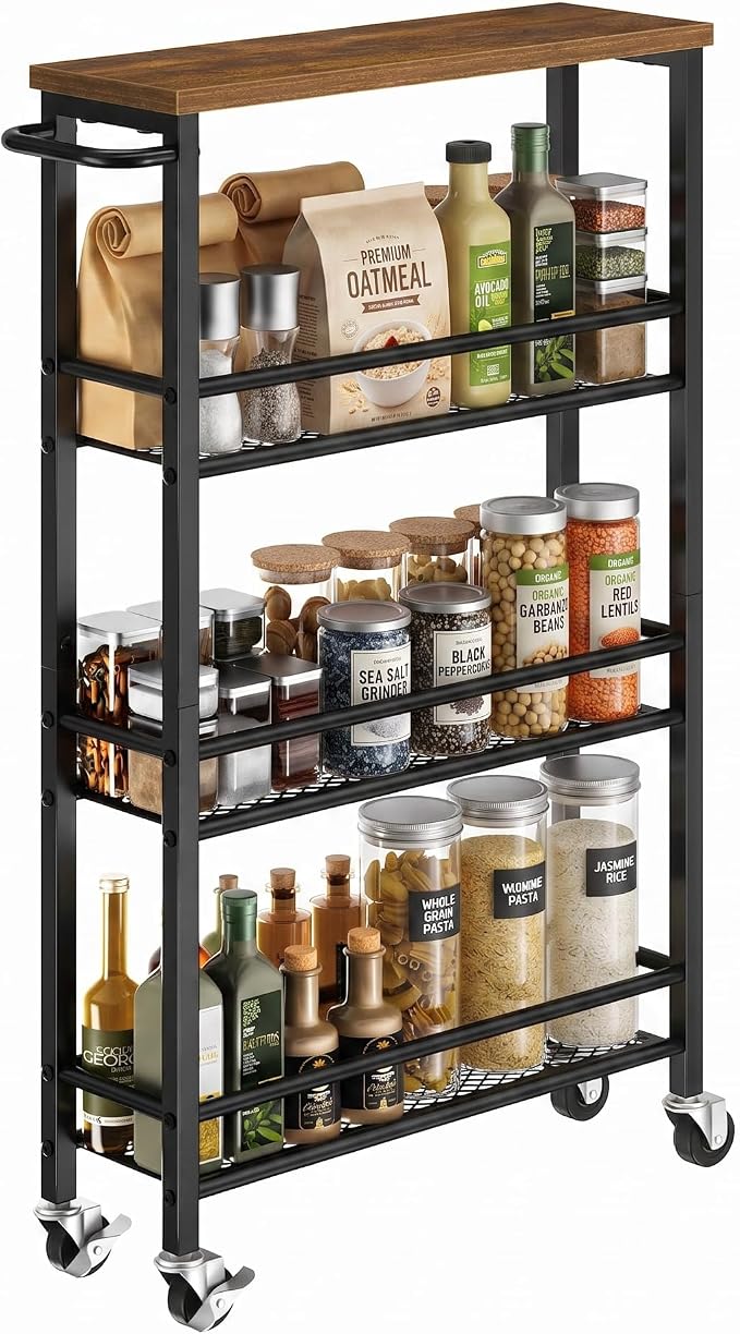 Pipishell Slim Storage Cart with Wheels - 4 Tier Rolling Kitchen Storage Cart with Handle and Wood Top, Metal Slim Bathroom Cart for Laundry Room, Bathroom, Kitchen, Narrow Space, Black & Rustic Brown