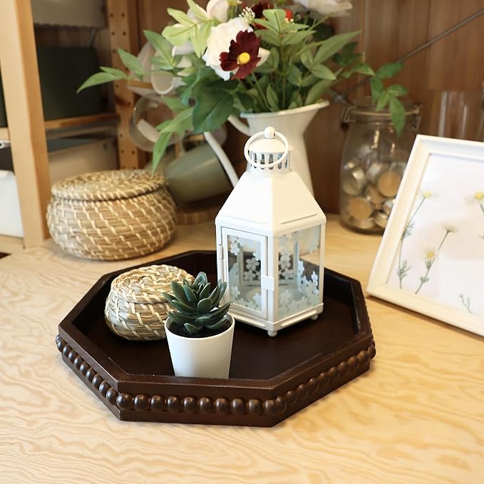 Hrastany Retro Brown Octagonal Wood Decorative Tray, Small Farmhouse Wooden Serving Tray with Beads, Versatile Coffee Table Tray for Kitchen Counter, Ottoman, Living Room