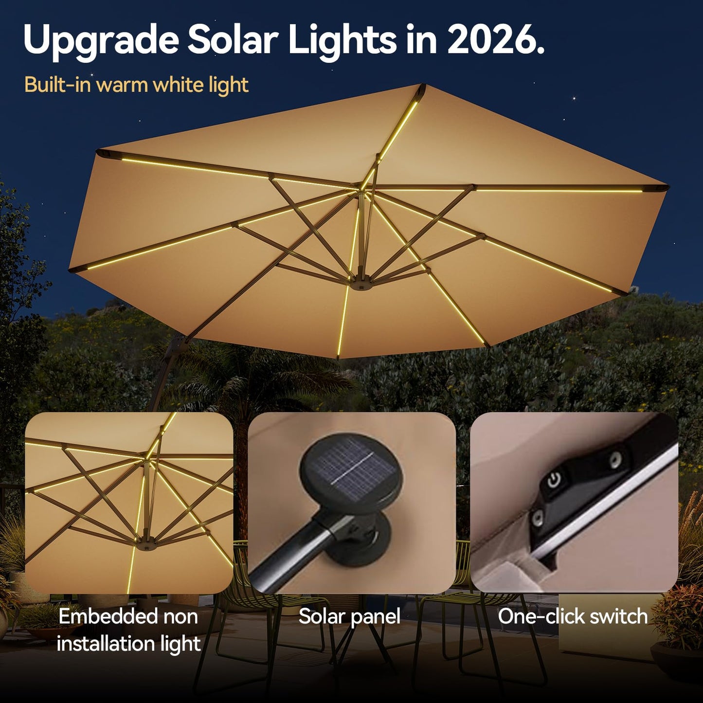 Aoxun 11 FT Cantilever Umbrella with led Light, Patio Large Aluminum Offset Umbrella Windproof with 360°Rotation, Heavy Duty Frame for Outdoor, Pool, Deck and Garden
