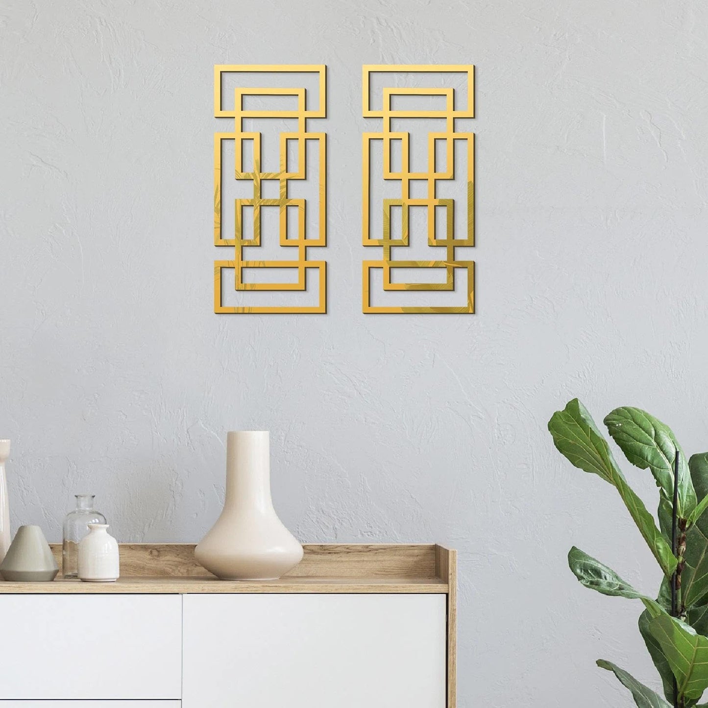 flangairy 2 Piece Gold Rectangular Wall Mirrors, 15.7×7 Inch Geometric Wooden Frame Acrylic Wall-Mounted Modern Mirror Decor for Bathroom Bedroom Living Room Office Farmhouse Home Decorations