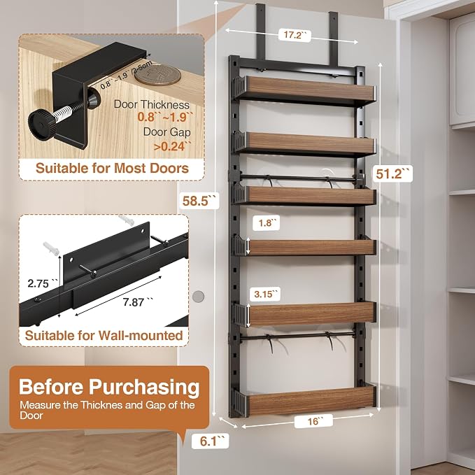 6-Tier Over The Door Pantry Organizer, Heavy-Duty Metal Wall Mount or Hanging Spice Rack, behind the door storage Shelves with Adjustable Basket, Back of Door Organizer for Kitchen Cabinet and Closet