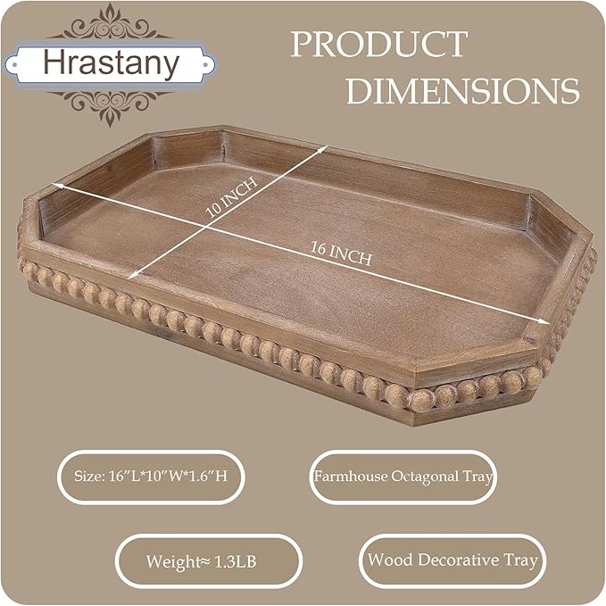 Hrastany Wood Rustic Serving Tray with Beads, Farmhouse Brown Decorative Tray for Table Centerpiece, Christmas Wedding Halloween Home Decor