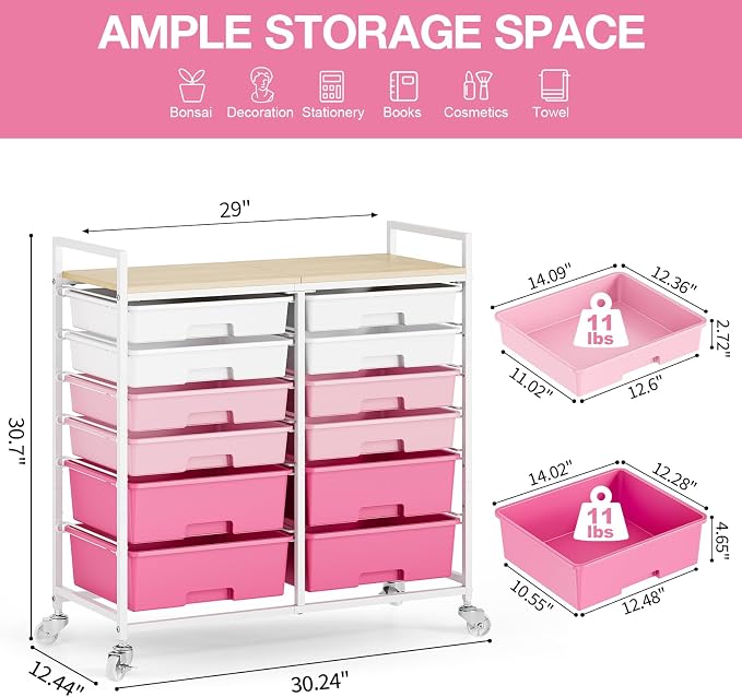 Rolling Storage Cart with 12 Drawers, Wooden Tabletop Utility Cart for Craft Storage, Art Supply Storage & Home Office Organization, Teacher Cart with Wheels for Classroom Organization, School