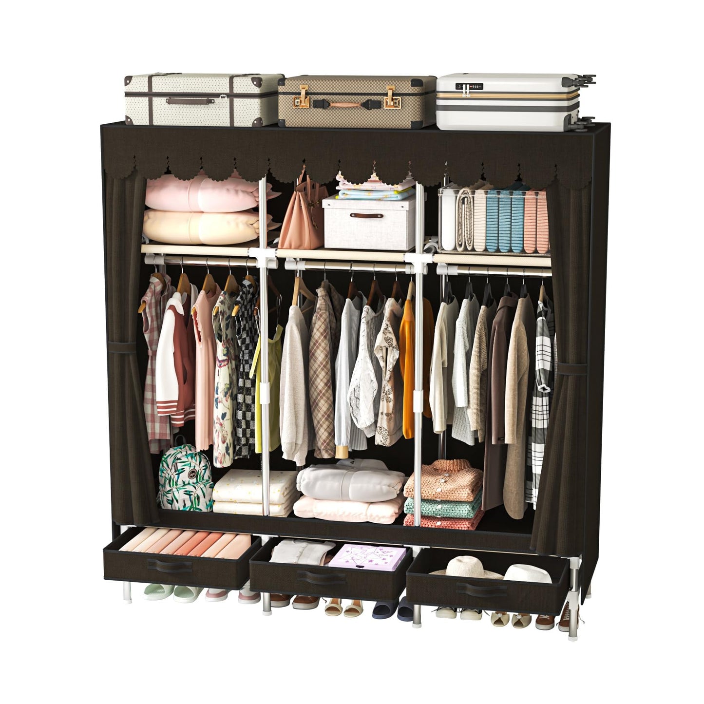 LEAIJIAFY Portable Amories Closet Wardrobe with Non Woven Fabric Cover,59 Inch Large Metal Clothes Rack Storage Closet with 3 Hanging Rods,3 Drawers and 3 Storage Shelves,Brown,for Small Room