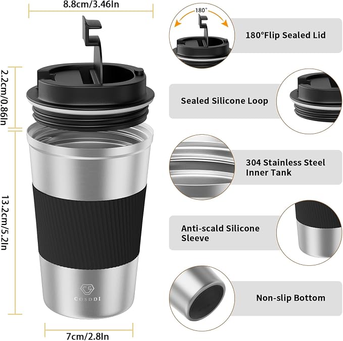 CS COSDDI 12 oz Stainless Steel Vacuum Insulated Tumbler - Coffee Travel Mug Spill Proof with Lid - coffee Cup for Keep Hot/Ice Coffee,Tea and Beer