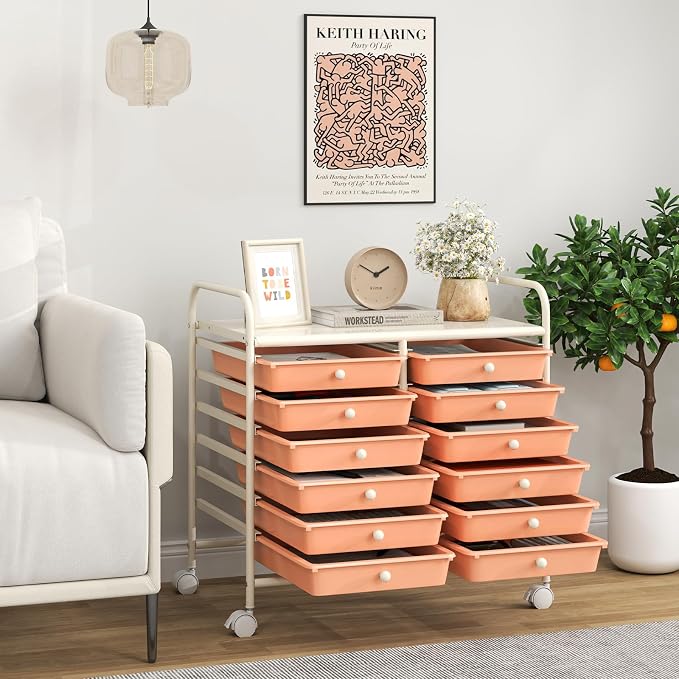 Giantex 12 Drawers Rolling Cart, Mobile Storage Drawer Cart, Classroom Organizer Cart for Office School Supplies Tools Scrapbook Paper Craft Small Printer, Utility Cart on Wheels, Peach Fuzz