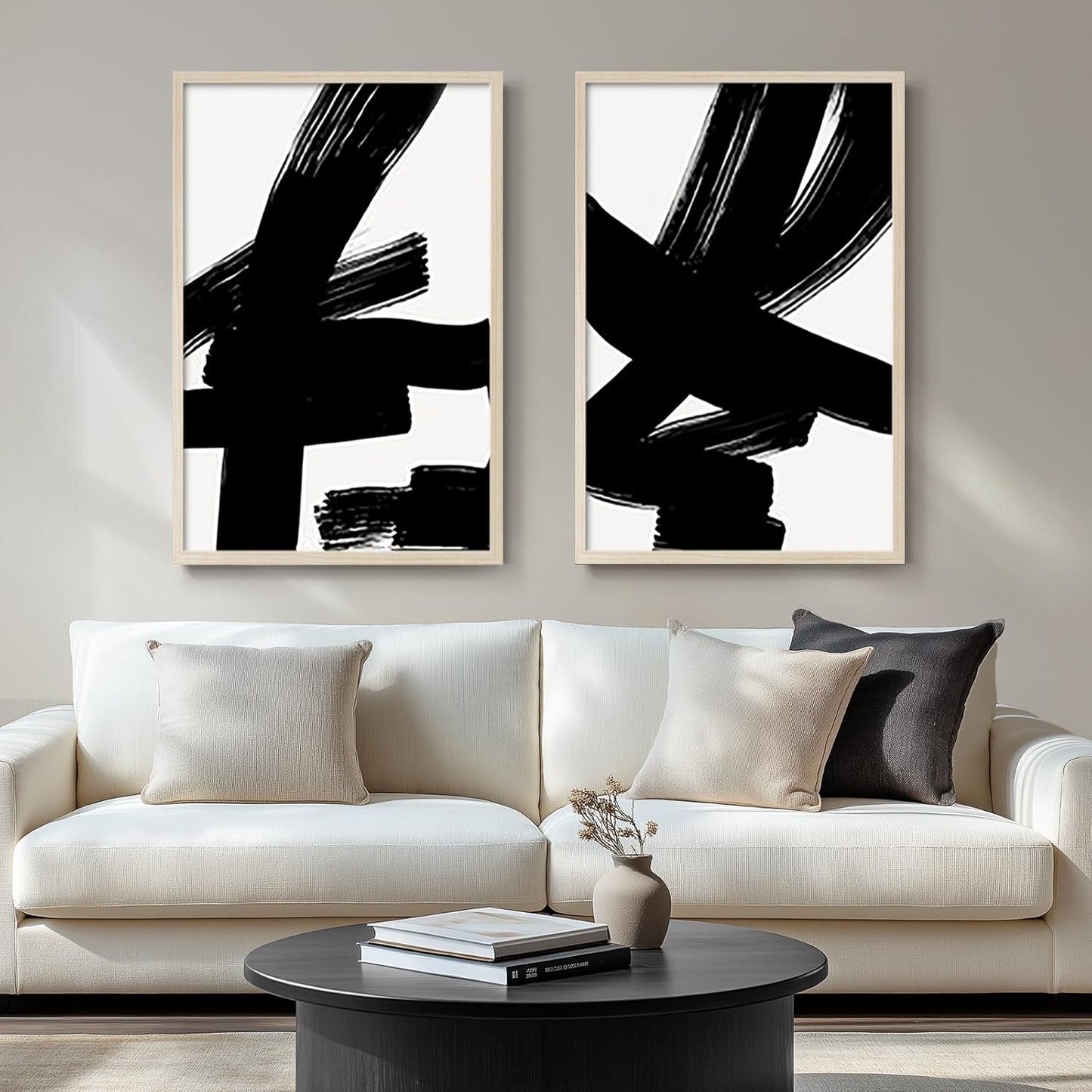 2Pcs Framed Black and White Abstract Thick lines Wall Art Canvas Prints Modern Minimalist Gallery Picture Posters Brush Stroke Wall Decor Living Room Bedroom Office 12x16 Inch Ready to Hang
