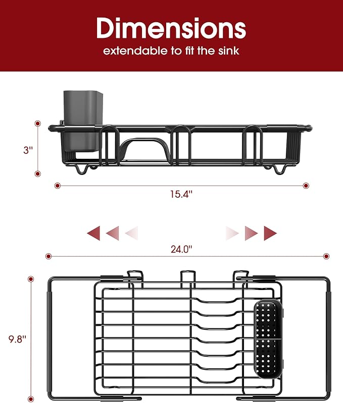 Sakugi Dish Drying Rack in Sink - Expandable Stainless Steel Dish Rack Over the Sink, Kitchen Sink Drain Strainer with Cutlery Holder & Cup Holders, 15.4 x 9.8 x 3.0 Inch, Black