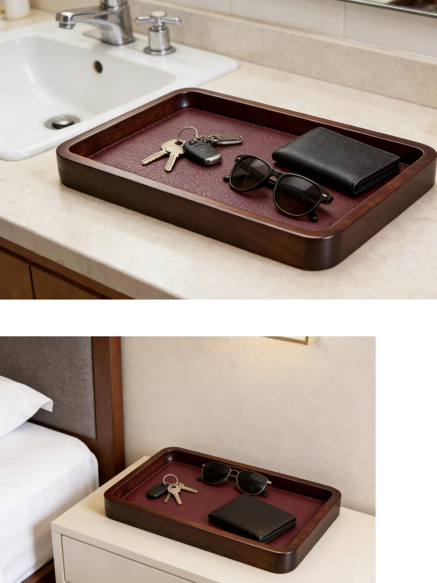 Valet Tray-Light Brown Wood Decorative Key Tray, Bedside Dump Holder.Catch All Tray Tray Decorative for Trinkets,Watches,Keys,Sunglasses.