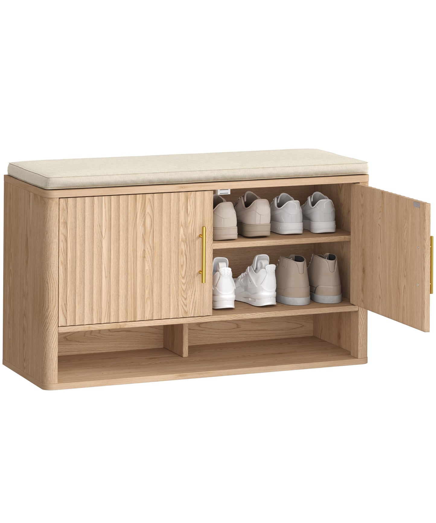 Zeibospri Fluted Shoe Storage Bench with Cushion, 3-Tier Entryway Bench with Adjustable Shelves and Open Bottom Shelf, Hidden Shoe Organizer Cabinet, for Hallway, Living Room, Bedroom, Natural Oak