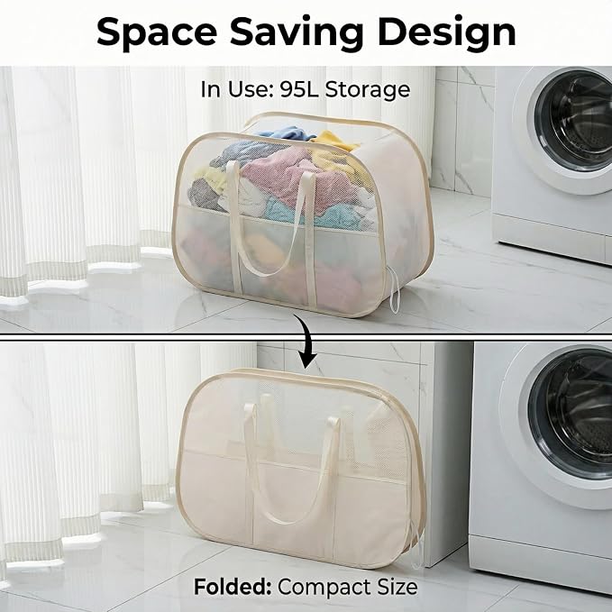 Foldable Laundry Basket with Mesh Window, Large Capacity 95L Dirty Clothes Hamper with Handles, Sturdy Steel Frame,Collapsible Laundry Hamper for Bedroom,Bathroom,Home,Dorm (Beige)
