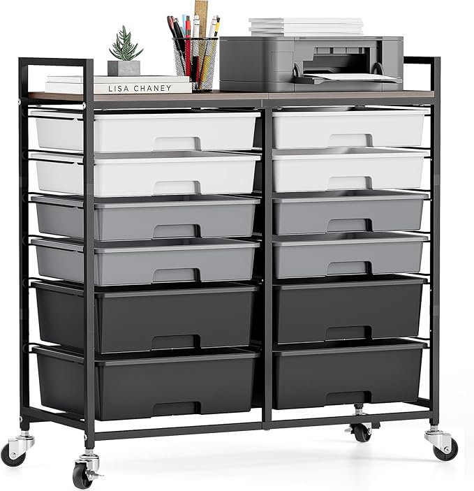 Rolling Storage Cart with 12 Drawers, Wooden Tabletop Utility Cart for Craft Storage, Art Supply Storage & Home Office Organization, Teacher Cart with Wheels for Classroom Organization, School (Grey)