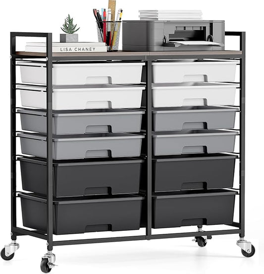 Rolling Storage Cart with 12 Drawers, Wooden Tabletop Utility Cart for Craft Storage, Art Supply Storage & Home Office Organization, Teacher Cart with Wheels for Classroom Organization, School (Grey)