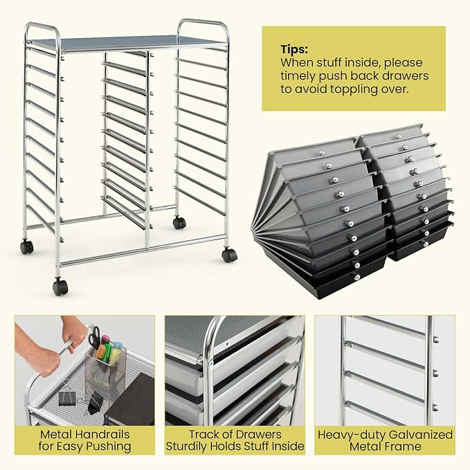 COSTWAY 20-Drawer Rolling Storage Cart, Utility Storage Organizer Cart for Tools, Scrapbook, Paper, Craft, Multipurpose Storage Trolley on Wheels for Home Office School, Mixed Black