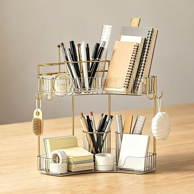2-Tier Corner Bathroom Counter Organizer，Makeup & Skincare Shelf with Built-in Brush Holder，Space-Saving Bathroom Countertop Organizer for Skincare, Perfume, Cosmetics(Clear)