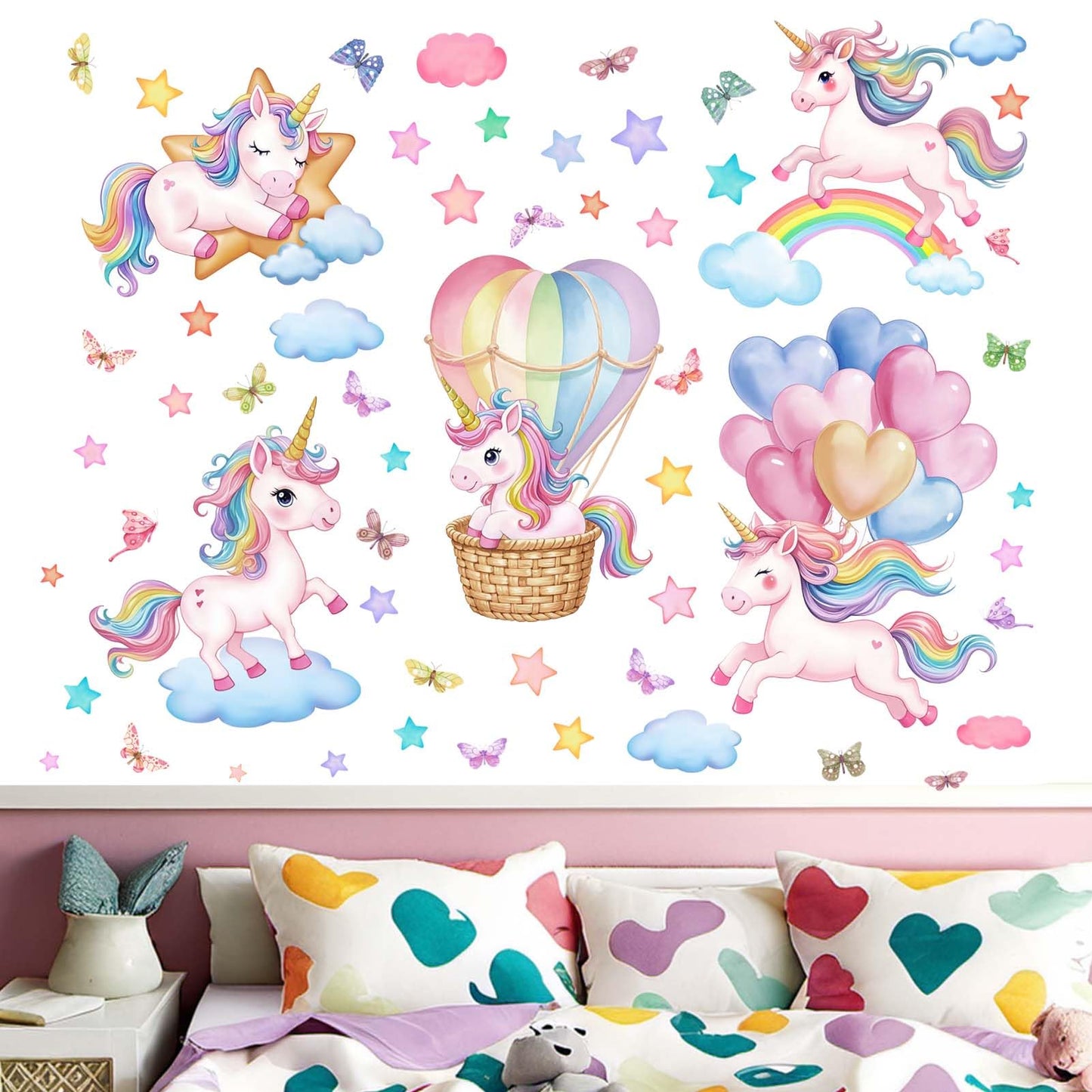 Unicorn Rainbow Wall Decals for Girls: Peel and Stick Hot Air Balloon Stars Cloud Wall Stickers - Baby Nursery Boys Room Bedroom - Kids Supplies Ages 1-12 Years Wall Decor Art