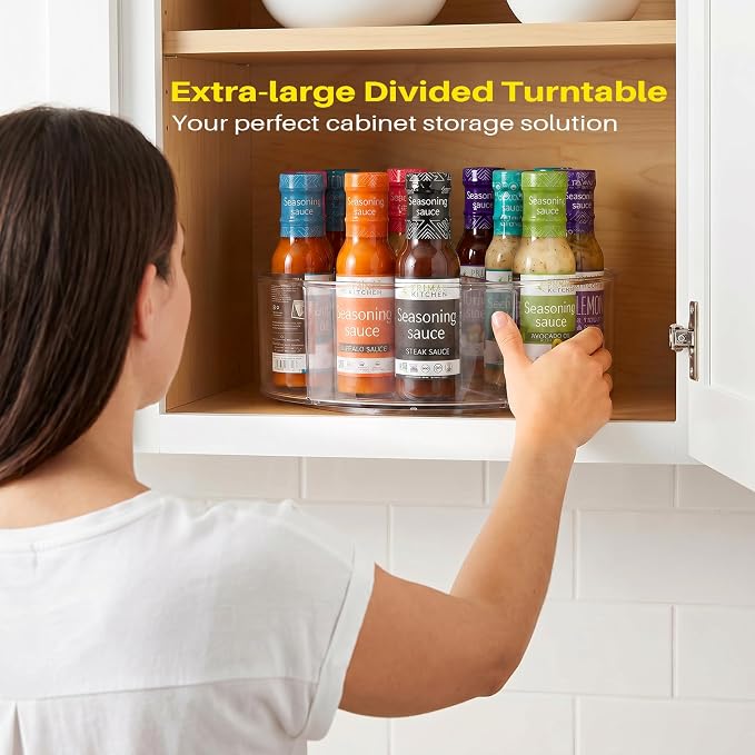 Divided Lazy Susan Turntable Organizer, 11.5" Clear Round Plastic Lazy Susan Turntable, Rotating Storage Container Tray for Pantry, Fridge and Kitchen