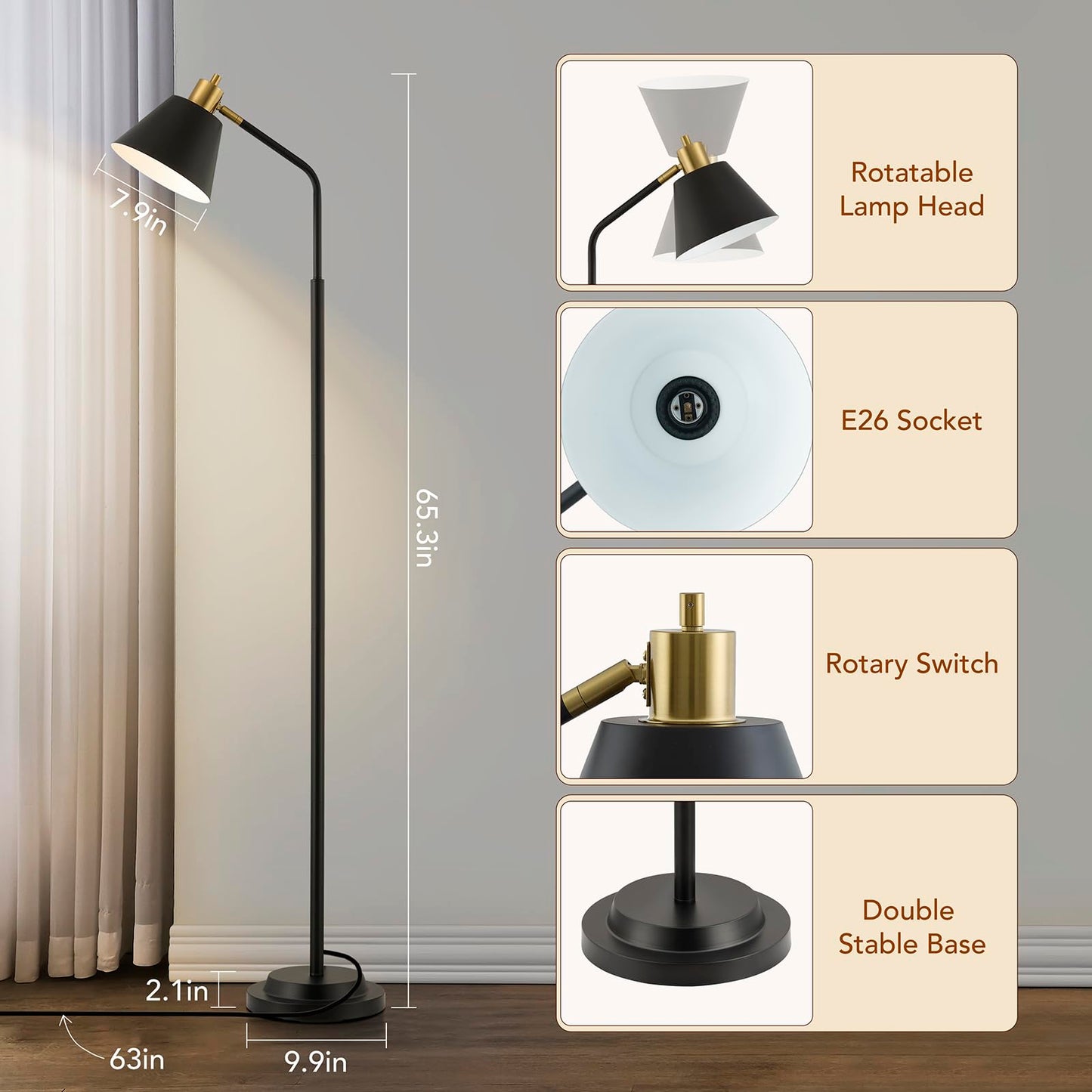 Leasgy 65.3" Floor Lamps for Living Room, Black Floor Lamp for Bedroom, Dual-Base Industrial Standing Lamp, Adjustable-Head Corner Lamp, Modern Tall Lamp, Living Room Light, Bulb Included, Black