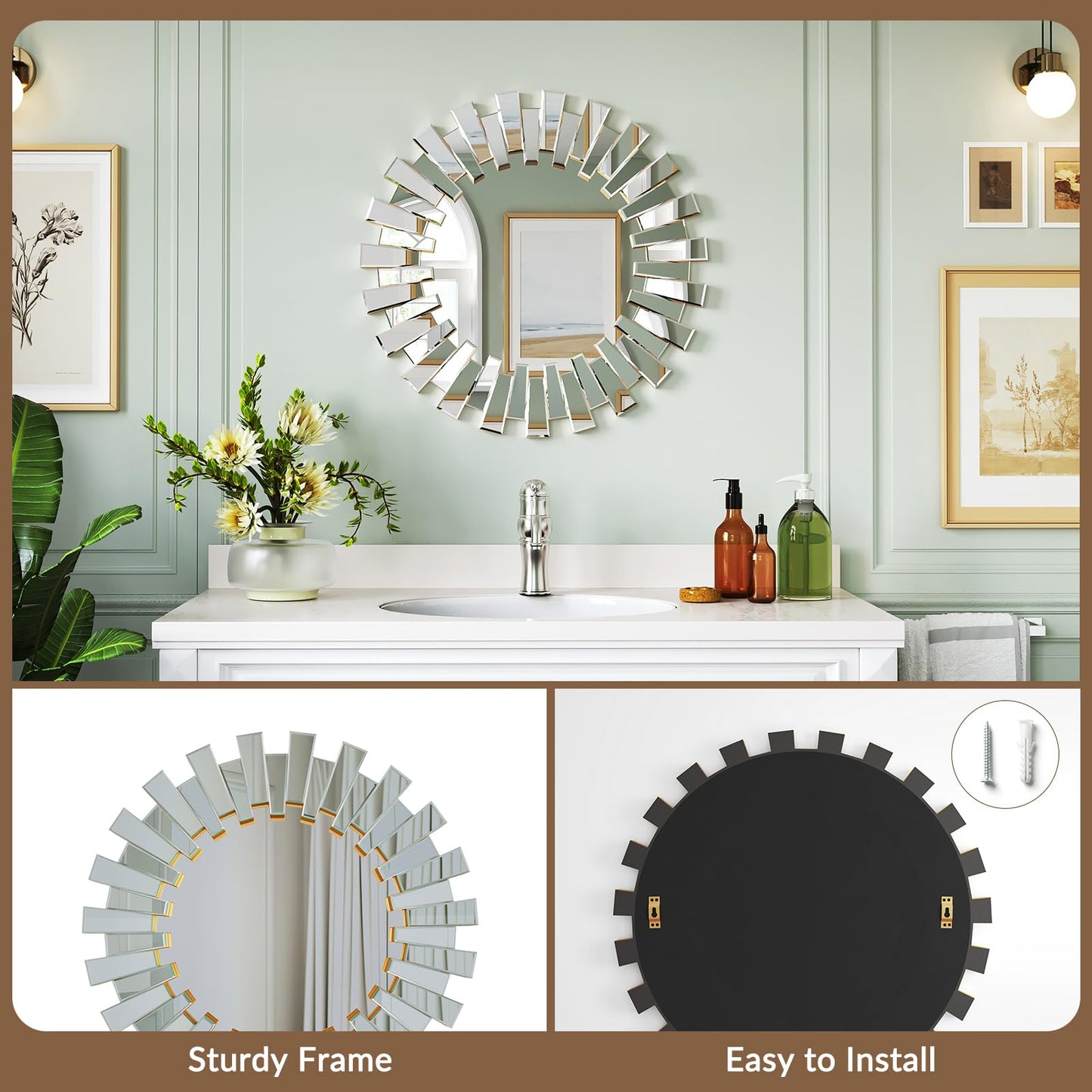 Uniclinens Gold Sunburst Mirror 26" - Decorative Wall Mirror Large, Round Modern Bohemian Sun Decor for Bedroom Living Room Hallway Bathroom Entrance