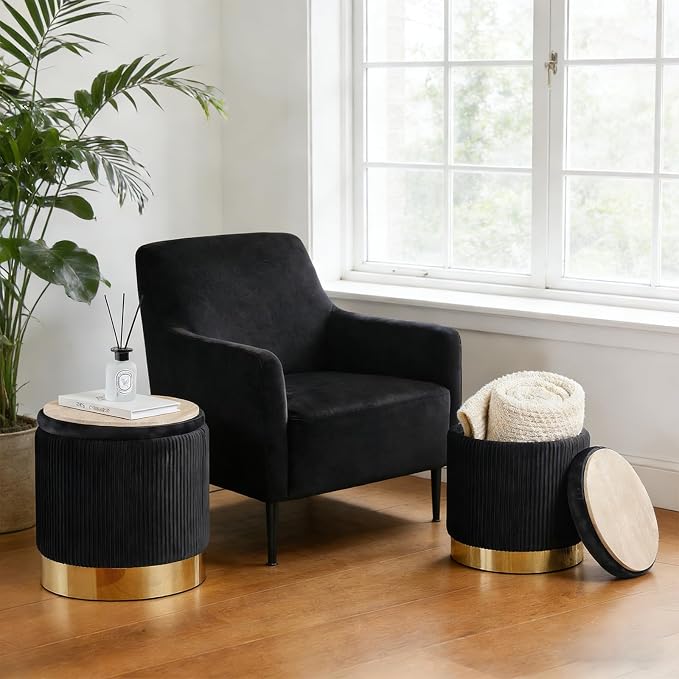 Round Ottoman with Storage Set of 2 Upholstered Velvet Vanity Stool for Living Room Storage Ottomans Multifunctional Foot Rest (Black with Bottom Gold)