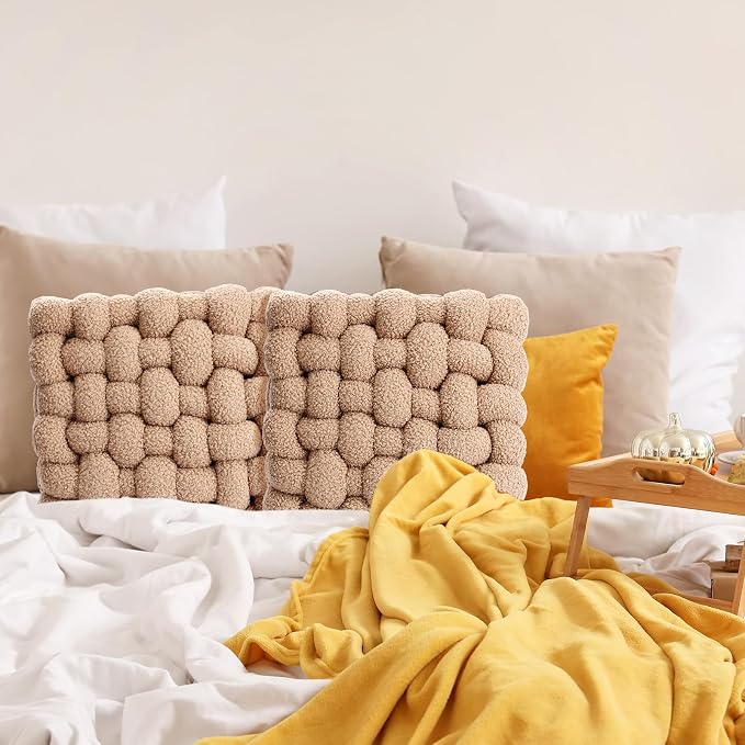 Wenqik 2 Pcs Knot Pillows Square Knotted Plush Throws Soft Accent Pillows Decoration Cushion for Couch Home Office Living Room Bedroom Bed Sofa Decor, 12'' x 13''(Khaki,Lambswool)