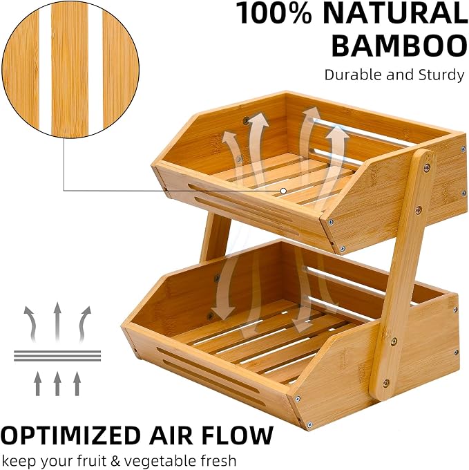 VIKEYHOME Fruit Basket, 2 Tier Bamboo Fruit Basket for Kitchen, 11" Tall Fruit Stand Storage Holder, Heavy Duty/Large Capacity for Vegetables, Fruit, and Snack, 15 mm Thickness (Self-assembly)
