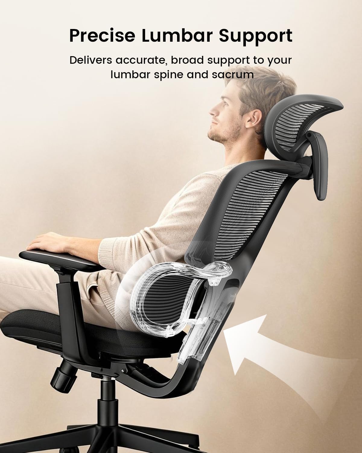 ProtoArc Ergonomic Office Chair – EC300 Adjustable Lumbar High Back Desk Chair, Sliding Seat, 3D Headrest, Wider Armrests, 4 Tilt Backrest Mesh Chairs for Home Office Long Hours Sitting - Black